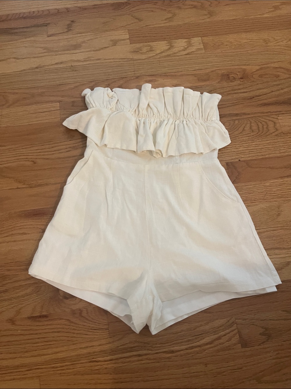 Princess Polly Cream Strapless Ruffle Romper